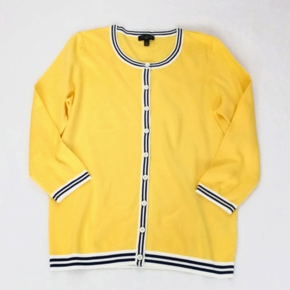 Talbots Women's Canary Yellow w Blue White Trim 3/4 Sleeve Cardigan Sweater P - Picture 4 of 10
